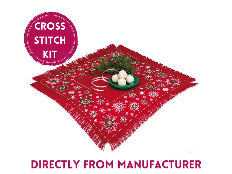 RIOLIS Counted Cross Stitch Kit 2252 Winter Pattern Table Topper- Red Tablecloth - Image 1 of 4