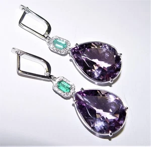 26.45CT Amethyst, Diamond & Emerald Chandelier Earrings 18K Gold 45mm - Picture 1 of 9