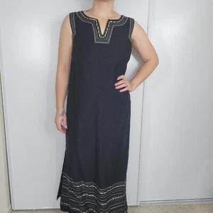 Maxi Vestido Carole Little Vintage Bordado Lino Talla 10 Negro Largo Playa  - Imagen 1 de 18