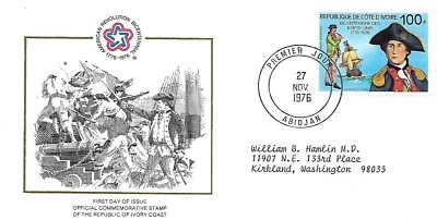 IVORY COAST 1976 FIRST DAY COVER AMERICAN BICENTENNIAL JOHN PAUL JONES  - Image 1 of 2