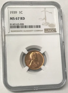 1939 1C Lincoln Wheat Cent Red - NGC MS67 RD - Picture 1 of 4