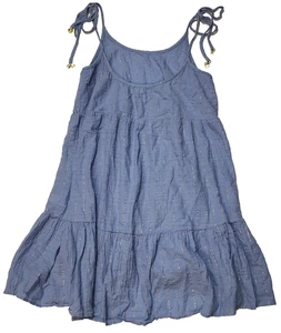 Aerie Women Loose Babydoll Tiered Coverup Blue Dress Gold Shiny Stripes XS - Picture 1 of 13