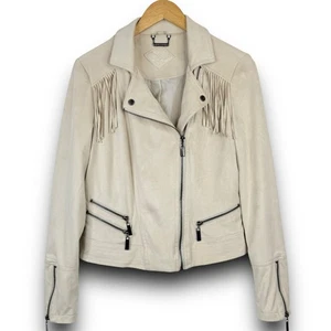 Giacca moto JouJou ecopelle scamosciata frange western zip foderata panna avorio media - Foto 1 di 10