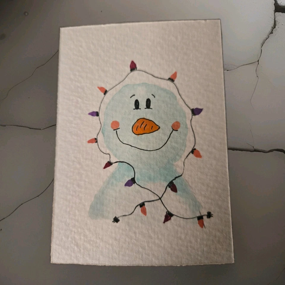 Pintura Acuarela ACEO Muñeco de Nieve con Luces 2.5" x 3.5" Foto 1 de 1