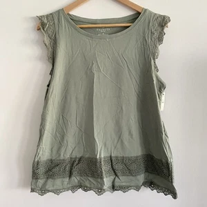 Talbots Sleeveless Top Eyelet Lace Olive Green Large PL Summer Cottagecore Boho - Picture 1 of 11