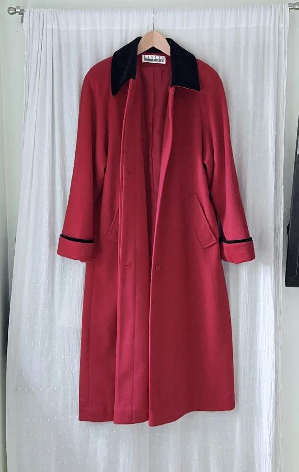 Vintage 80s Leslie Fay Red Wool Coat with Black Collar Size 6 - Image 1 of 4