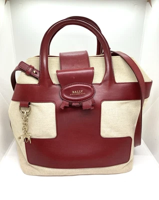 Bolso de Mano BALLY Usado Cuero Lona 2 Vías Beige Rojo 28098 Foto 1 de 4