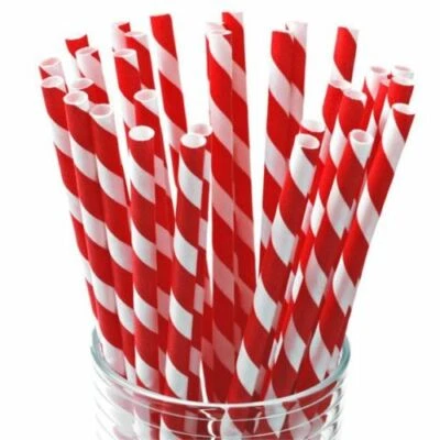 Red &White Striped Paper Straws biodisposable 1/25/50/100/250/500/750/1k/5k/10k - Image 1 of 4