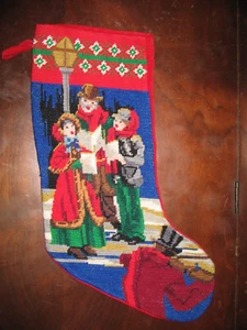 Vintage Needlepoint Christmas Stocking Wool & Velvet Carolers 17 " - Picture 1 of 8