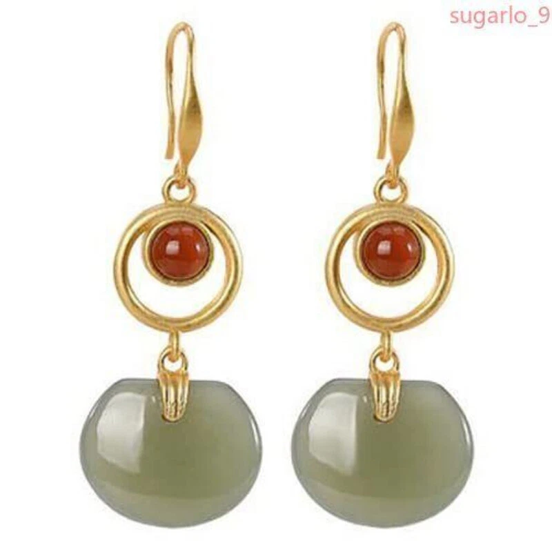 Pendientes huecos de jade hetiano natural retro chino para mujer joyería amuleto de la suerte Foto 1 de 1