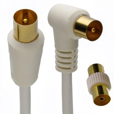 RF TV AERIAL ANTENNA COAXIAL CABLE RIGHT ANGLE MALE TO MALE PLUG LEAD + COUPLER - Image 1 of 4
