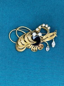 Vtg W Germany Gold Tone Black Onyx Filigree Faceted Rhinestones Brooch Exquisite - Picture 1 of 15