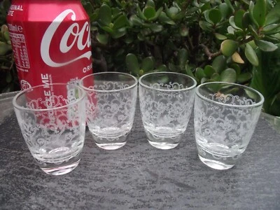 4 Vtg Retro French Clear Glass with White Scroll Design Shot Tot Glasses - Image 1 of 4