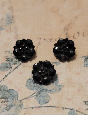 3 Diminutive Antique Victorian Black Glass Buttons Flowers 4 Hole Metal Box Cover
