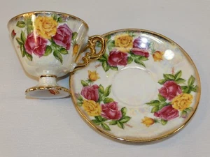 VINTAGE UCAGCO PORCELAIN CUP & SAUCER SET JUNE PINK & YELLOW ROSES PEARLESCENT - Bild 1 von 9