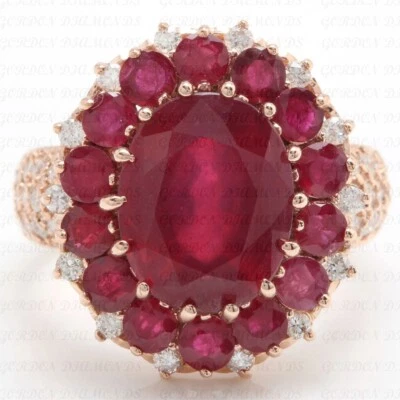 Anillo de compromiso de diamantes y rubíes naturales de corte ovalado de 9,50 quilates enchapado en oro rosa de 18 quilates Foto 1 de 4