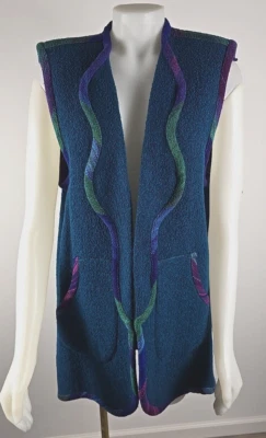 Candiss Cole Verde Azul Largo Boucle Lana Alpaca Seda Chaleco Chaqueta Talla Pequeña Foto 1 de 4