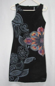 Desigual Charcoal Black Sheath Dress Sleeveless Floral Print Metal Thread Sz 2 - Picture 1 of 8