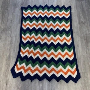 Handmade Crochet Knit Afghan Throw Blanket Blue, Green, Orange, White 46"x31" - Picture 1 of 4