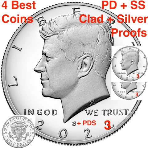 2023 PDSS Kennedy Half Dollar 2x Biz Strike + Clad & .999 Silver Proof P D S S + Cover