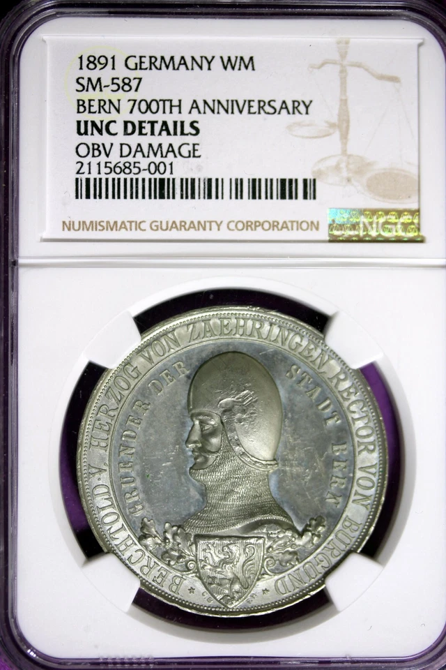 1891 - NGC UNC. DETAILS SM-587 BERN 700TH ANNIV. GERMANY OBV DAMAGE! #B33120 - Image 1 of 2