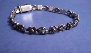  Sterling Silver - Vintage Marcasite Floral Motif Chain Bracelet Thailand - Picture 1 of 4