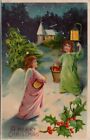 Christmas Angel Night Sky Carrying Tree by Lantern on Shepherd Hook Postcard X20