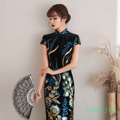 Vestido largo para mujer Qipao lentejuelas brillantes terciopelo pasarela estilo chino Cheongsam Foto 1 de 4