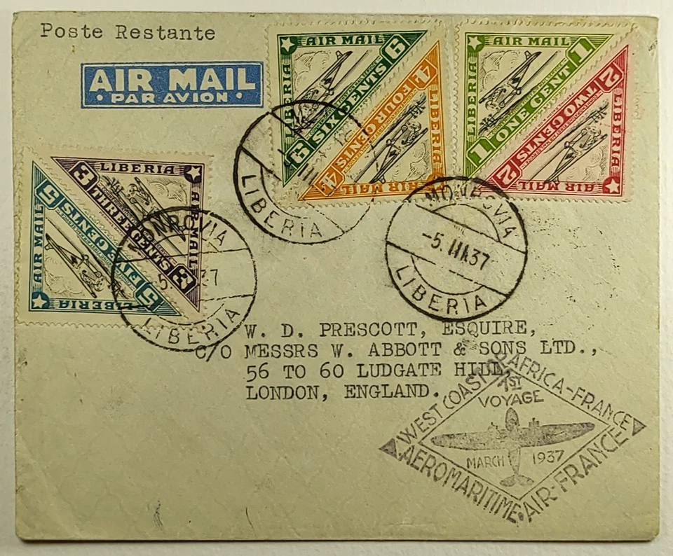 1937 Liberia Primer Vuelo Correo Aéreo Cubierta vía Air France Monrovia - Londres Inglaterra Foto 1 de 4