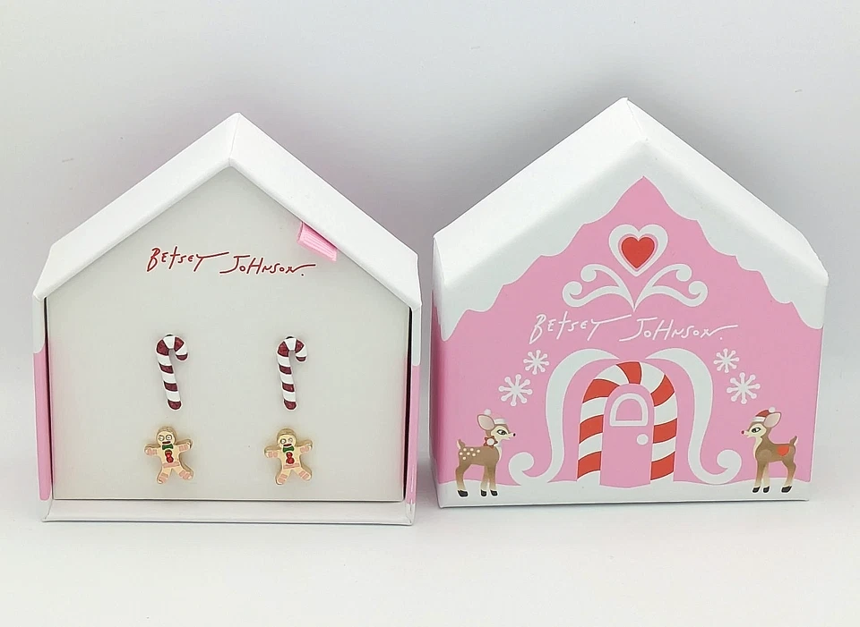 Betsey Johnson 2 Pair Stud Earrings - Gingerbread & Candy Canes w/GB - Image 1 of 4