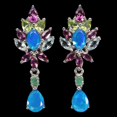 Black Friday Sterling Silver Earrings Pear Blue Opal Aquamarine Emerald Jewelry - Image 1 of 4