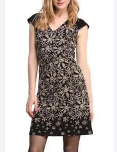 Desigual Short Sleeve V-Neck Mini T-Shirt Dress size XL Black Tan Daisy Floral - Picture 1 of 6