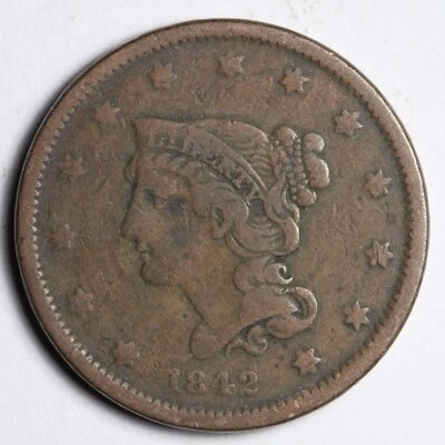 1842 SMALL DATE Braided Hair Large Cent CHOICE FINE E181 QKCA - Image 1 of 2