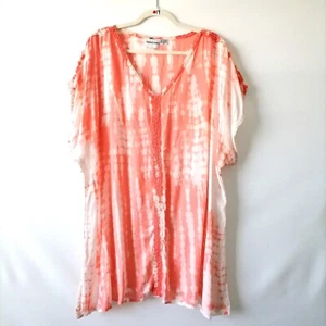 Raya Sun Womens Orange White V Neck Flutter Sleeve Tie Dye Blouse Top Size 1X - Picture 1 of 6