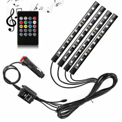 4 pcs 9 LED Car Interior Atmosphere RGB LED Strip Light Music Remote Control - Image 1 of 4