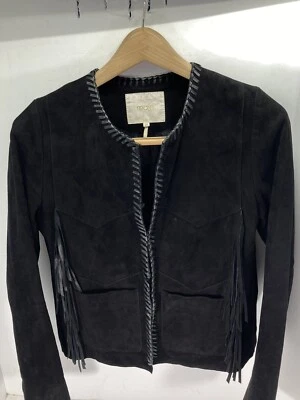 Chaqueta de cuero Maje Lamb para mujer talla 38 flecos negros Western Rodeo Rockabilly Foto 1 de 4