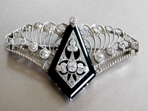 Broche antiguo Art Deco platino diamante ónix prendedor-38 diamantes 2 ct-21,62 gramos - Imagen 1 de 5