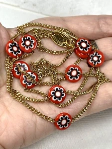 Vintage Bozart Italy Millefiori Glass Necklace Red Blue White Flower Lovely 40"! - Picture 1 of 11