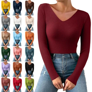 Women V Neck Ribbed Knit Tops Long Sleeve Shirt Fitted Basic Slim Knit Top Shirt - Picture 1 of 81