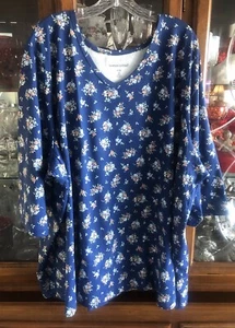 Woman Within 4X 34/36 Plus Top V Neck 3/4 Sleeve Floral Blues Multi Cotton NEW - Picture 1 of 12