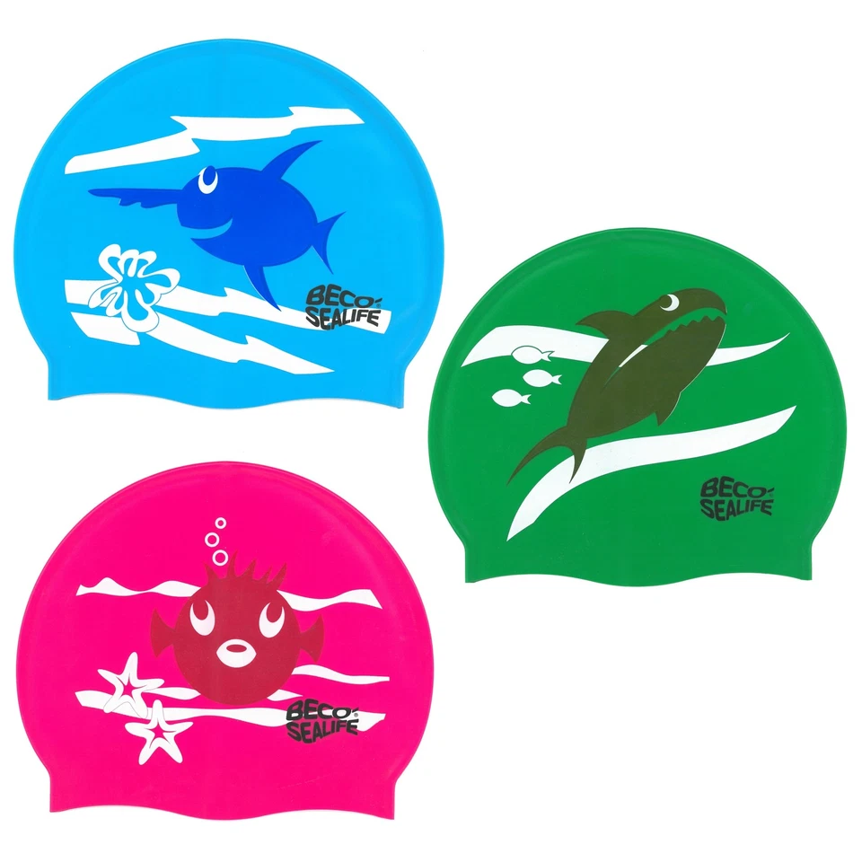 beco Kinder Badekappe Badehaube Bademütze Silikon Sealife blau grün rosa gelb
