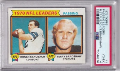 1979 Topps #1 Passing Leaders/Roger Staubach/Terry Bradshaw Graded PSA 4 VG-EX - Image 1 of 3