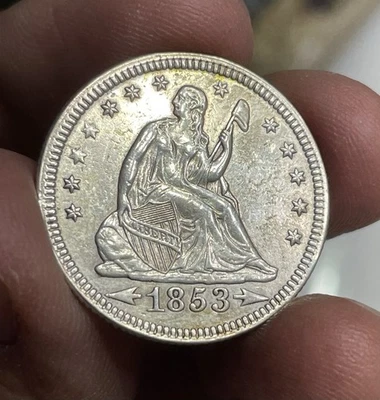 1853-P Seated Liberty Quarter with Arrows and Rays BU Details - Cleaned - Image 1 of 3