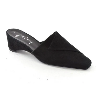 Damas Suela Francesa Cuña Mules 7 B Negro Gamuza Plegado Top Sin Cordones Zapatos Foto 1 de 4