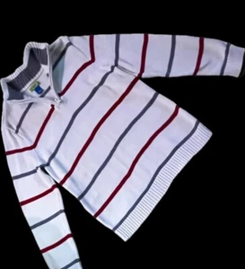 GREENDOG Sz7X BOYS PULLOVER WHITE W/RED~GREY STRIPED SWEATER~1/4”ZIPPER - Picture 1 of 8