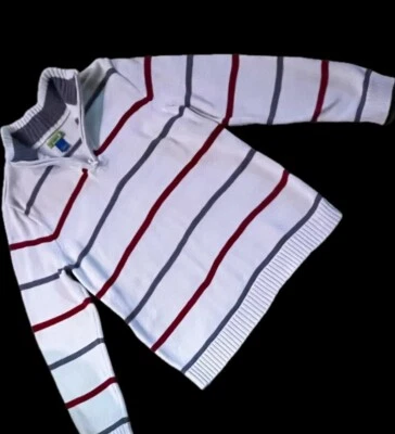 GREENDOG Sz7X BOYS PULLOVER WHITE W/RED~GREY STRIPED SWEATER~1/4”ZIPPER - Image 1 of 4