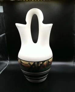 Navajo Keramik 10" doppelter Ausguss Hochzeit Vase grün braun signiert Silas - Bild 1 von 12