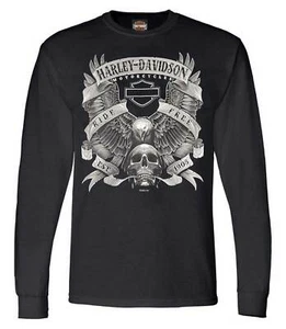 Harley-Davidson Men's Fastened Bar & Shield Crew-Neck Long Sleeve Shirt - Black - Picture 1 of 2