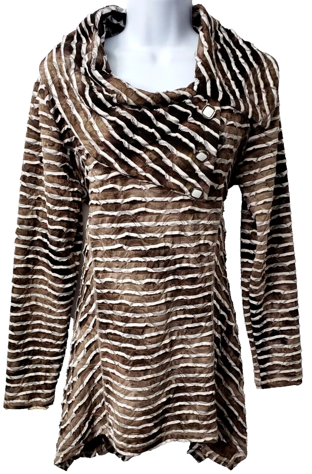 Camisa Top Túnica Artística De Colección L Elastizada Envoltura Capucha Rayas Marrón Textura Lagenlook Foto 1 de 4