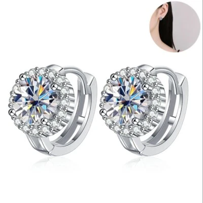 Full Moissanite Hoop Huggie Earrings 925 Sterling Silver 14K White Gold Plated - Image 1 of 4